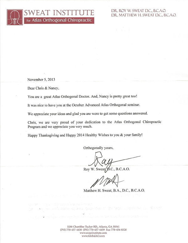 Back To Health Family Chiropractic Commendation Letter